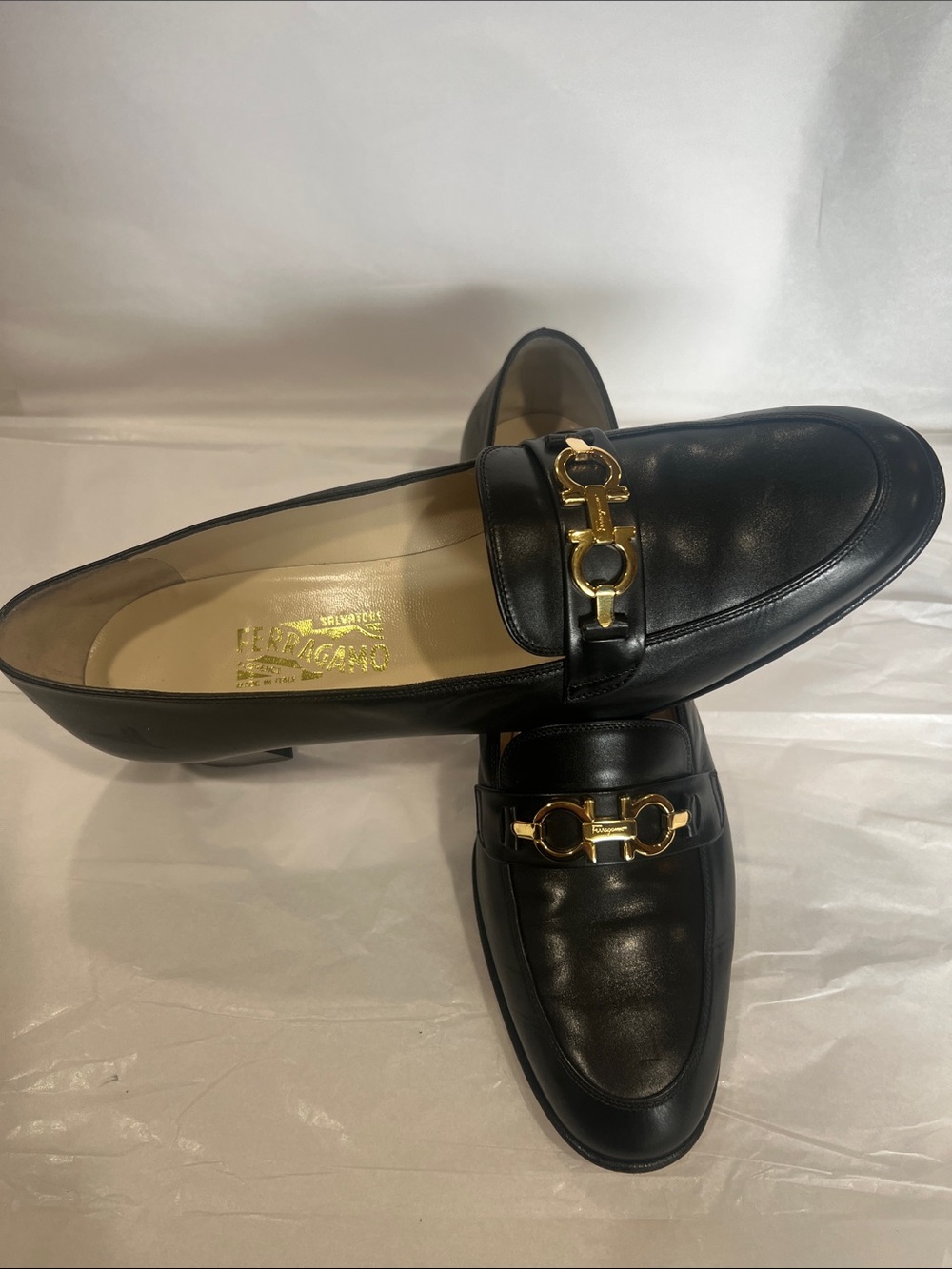 Authentic Salvatore Ferragamo Black Leather Loafers with Gold Gancini Hardware